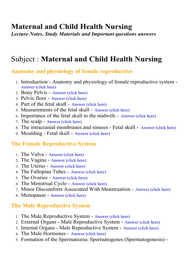 Maternal And Child Health Nursing Lecture Notes Study Materials And Important Questions Answers Reproductive System Childbirth