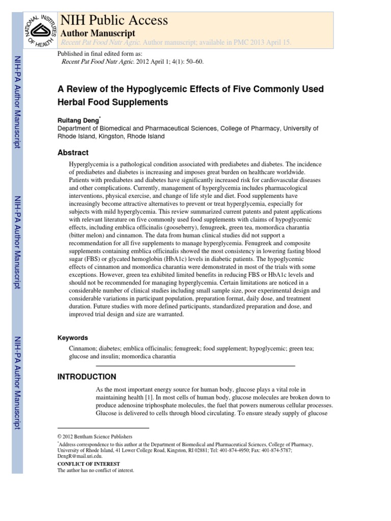 NIH Public Access A Review of The Hypoglycemic Effects of Five Commonly Used Herbal Food