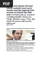 Inquiry Into Smear Cervical Check Scandal Cover Up in Murder and Lies Against Irish Woman of Ireland, By HSE, Even US Laboratory Wanted Confidentiality Clause in Vicky Phelan Case, USA, The Irish Woman Will Not Be Silenced