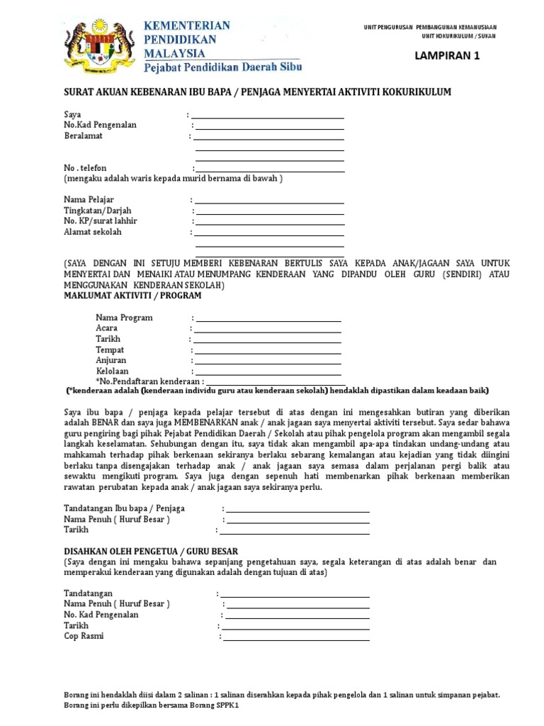 Surat Kebenaran Dan Akuan Ibu Bapa Bagi Murid Menaiki Kenderaan