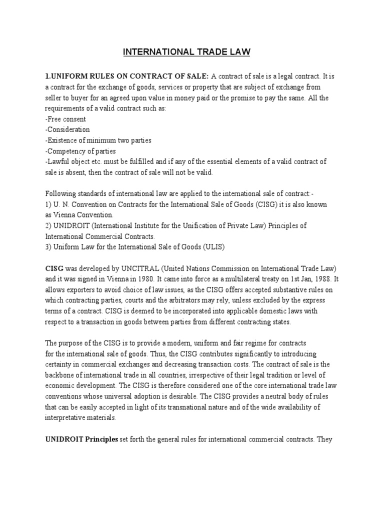 International Trade Law 1.uniform Rules On Contract of Sale PDF