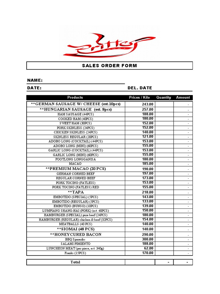 Sales Order Form for Meats and Sausages | PDF | Sausage | Pork
