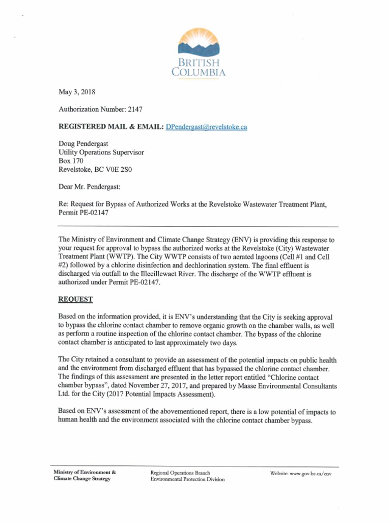Chlorine Chamber Bypass Authorization Letter Sewage Treatment