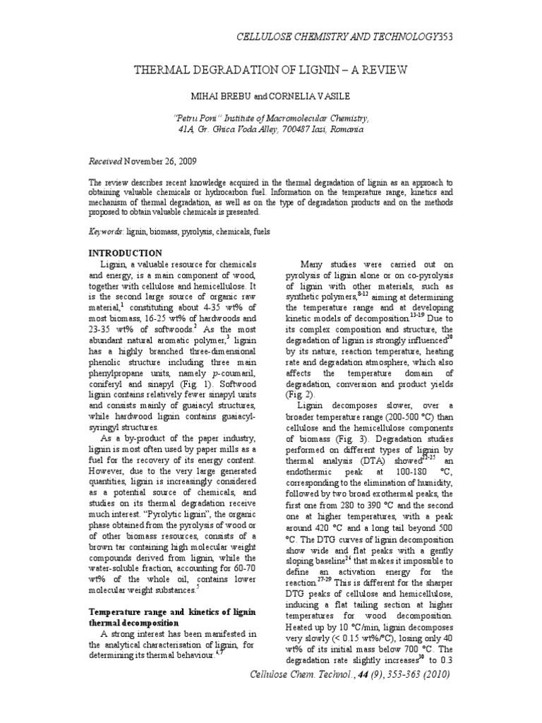 Thermal Degradation of Lignin Review | PDF | Lignin | Pyrolysis