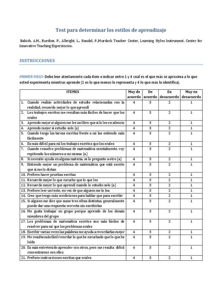 Test para Determinar Los Estilos de Aprendizaje | PDF | Aprendizaje