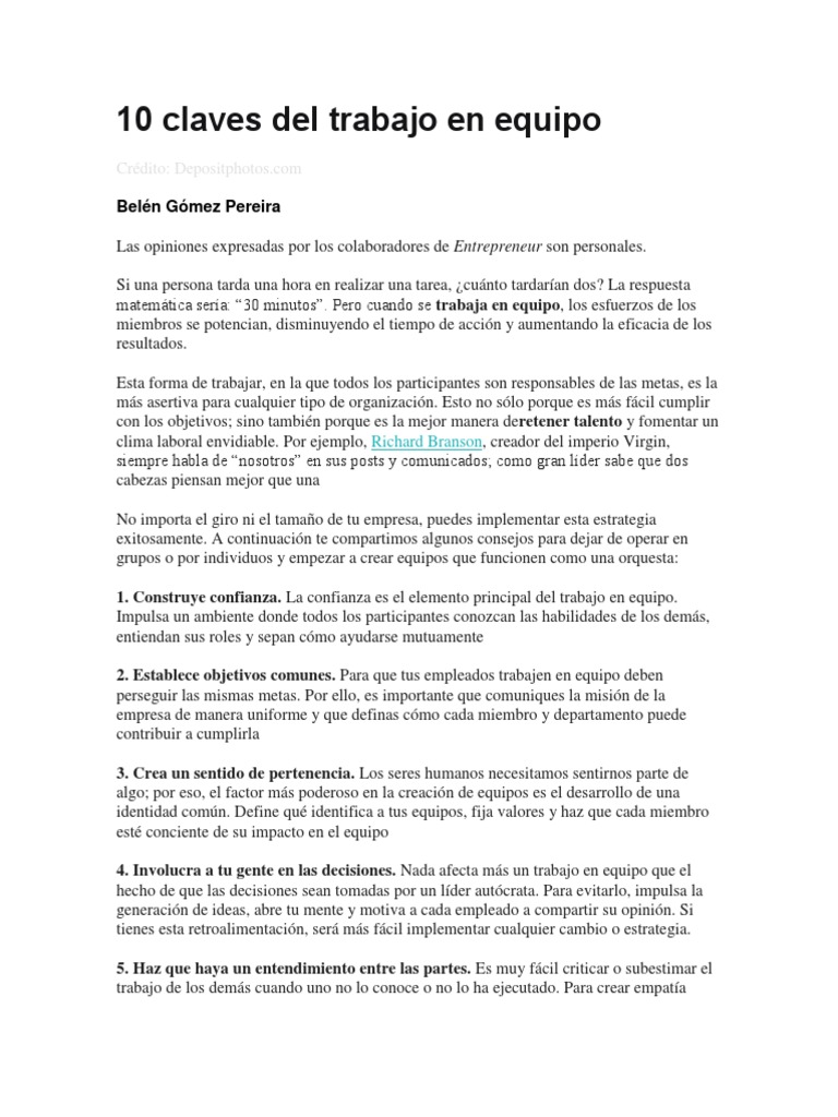 10 Claves para Mejorar el Trabajo en Equipo | PDF | Liderazgo | Toma de ...