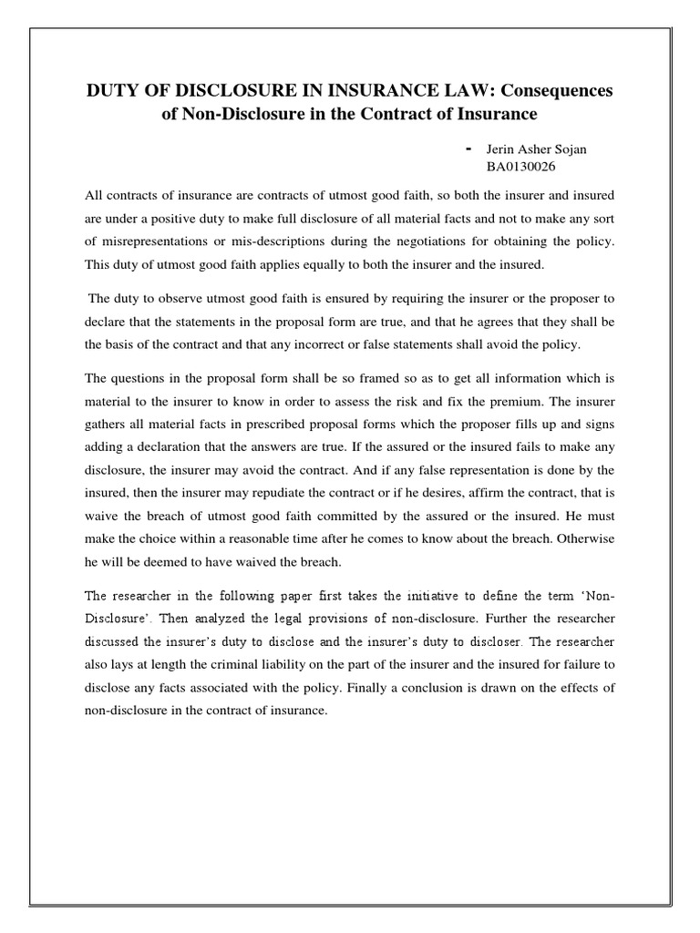 Duty of Disclosure in Insurance Law | PDF | Finance & Money Management ...