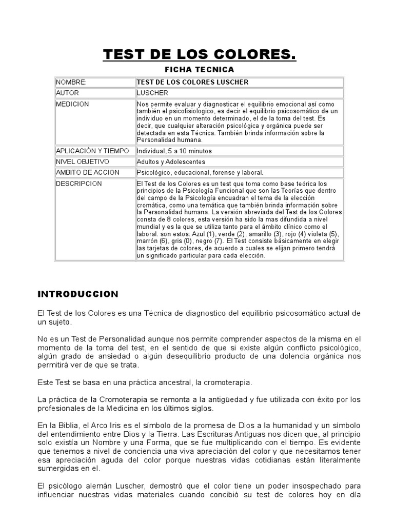 Test de Colores de Lüscher: Ficha Técnica | PDF | Color | Ansiedad