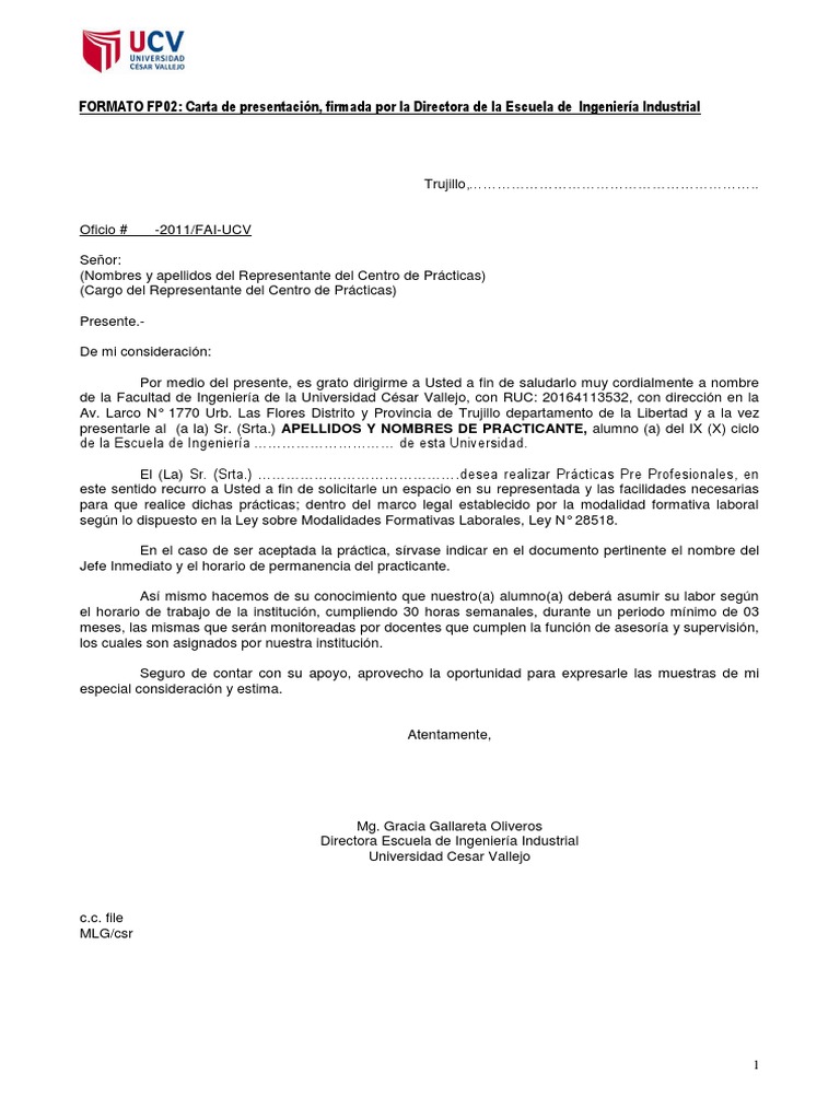 Modelo De Carta De Aceptacion De Practicas Pre Profesionales Peru 