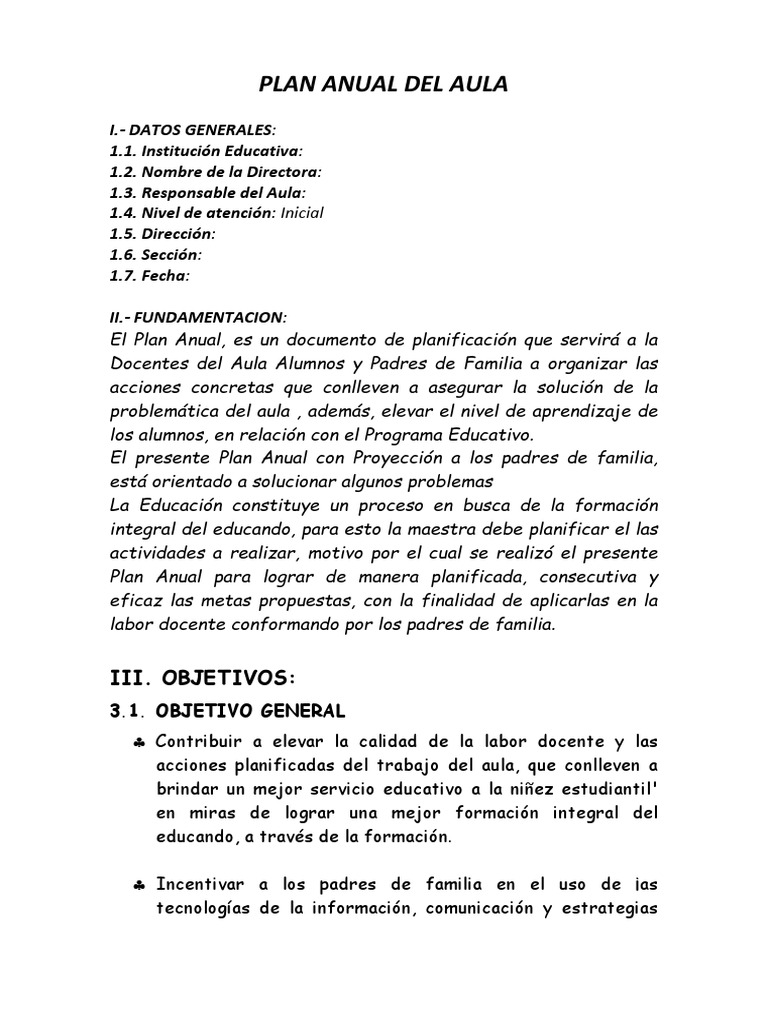 Plan Anual de Aula Inicial 2025 | PDF | Maestros | Salón de clases