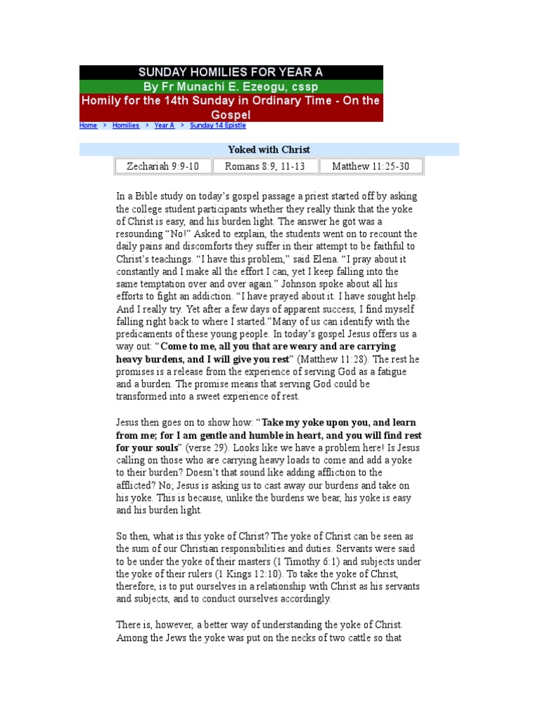 Yoked with Christ: 14th Sunday Homily | PDF | Jesus | Religious Texts