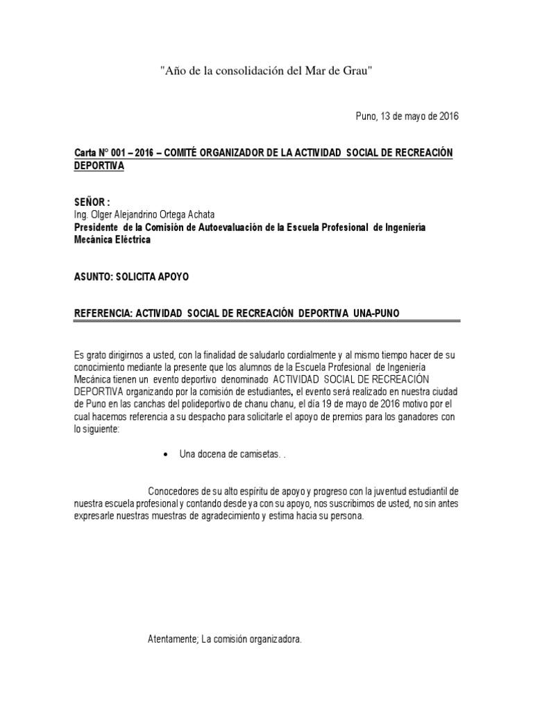 Carta de Apoyo Para Actividad Deportiva