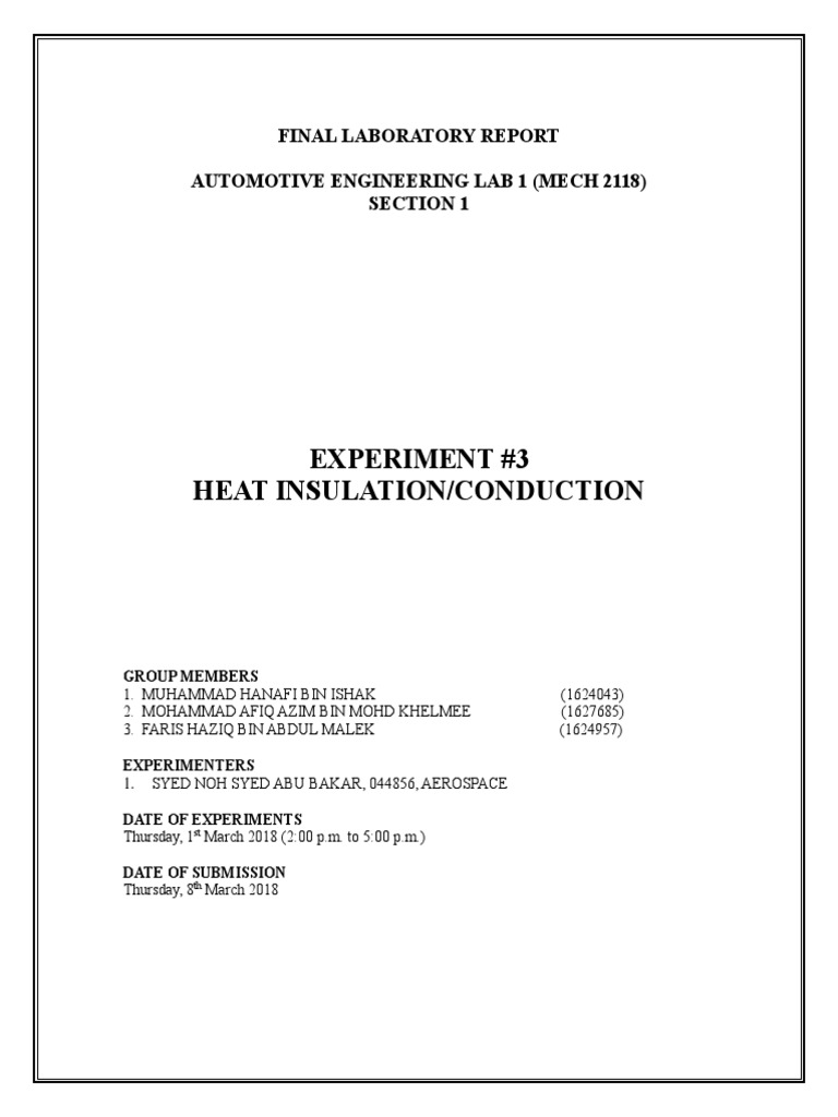 Experiment 3 Heat Insulation/Conduction Final Laboratory Report