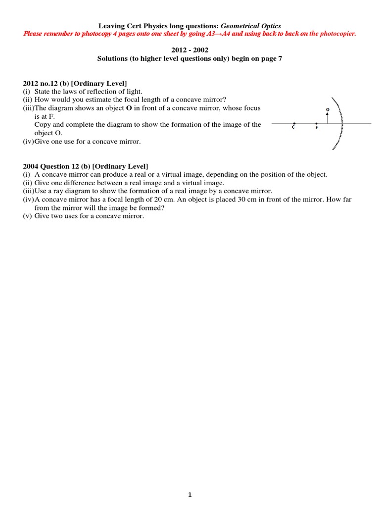 Leaving Cert Physics Long Questions: Geometrical Optics | PDF ...