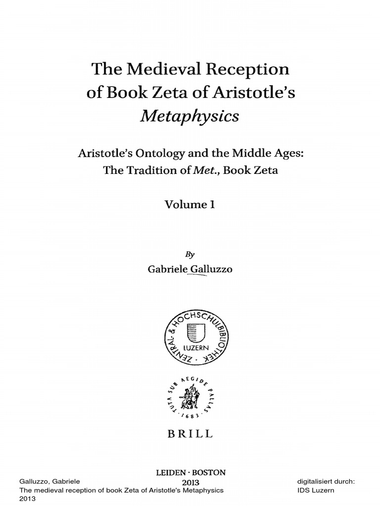The Medieval Reception of Book Zeta of Aristotle's Metaphysics PDF