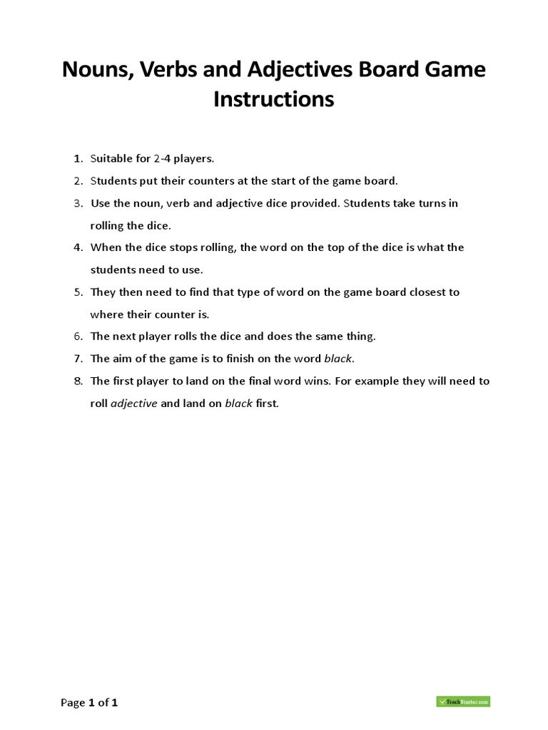 Nouns, Verbs and Adjectives Board Game Instructions PDF Syntax