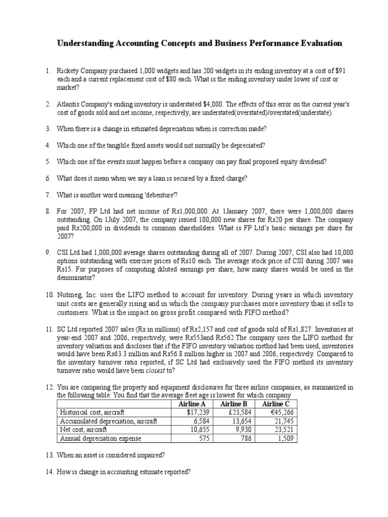 Accounting Concepts and Business Performance Quiz 1 Questions | PDF ...