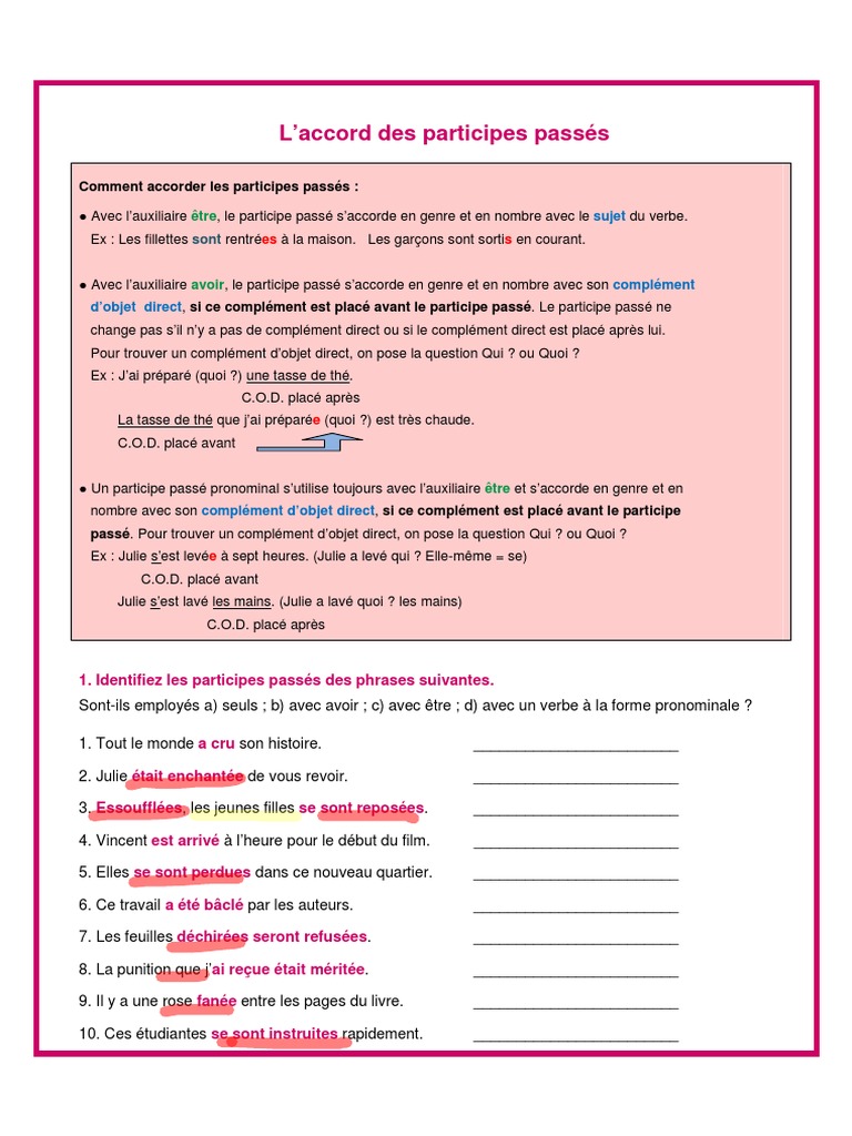 Exercices Accord Participe Passé 6ème à Imprimer Les Participes Passees Inter-Avance Exercices Et Corrige | PDF | Complément  d'objet | Sujet (Grammaire)
