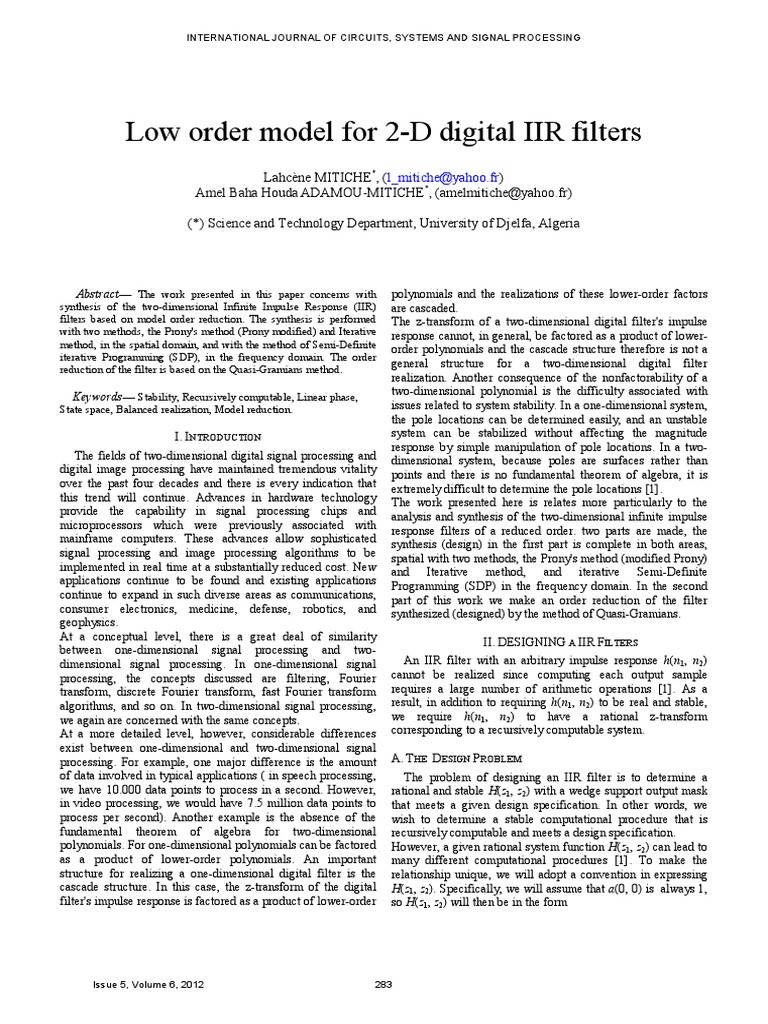 Synthesis of 2D IIR Filters via Model Reduction | PDF | Signal ...