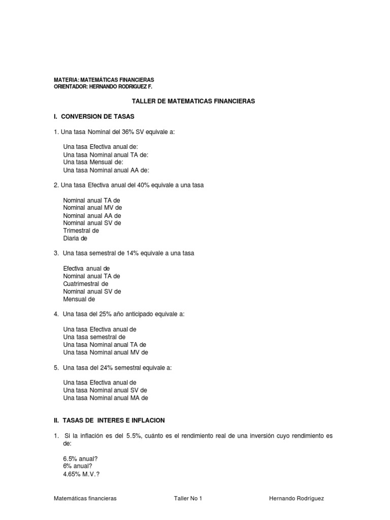 Taller de Matemáticas Financieras | PDF | Finanzas Matemáticas | Interés