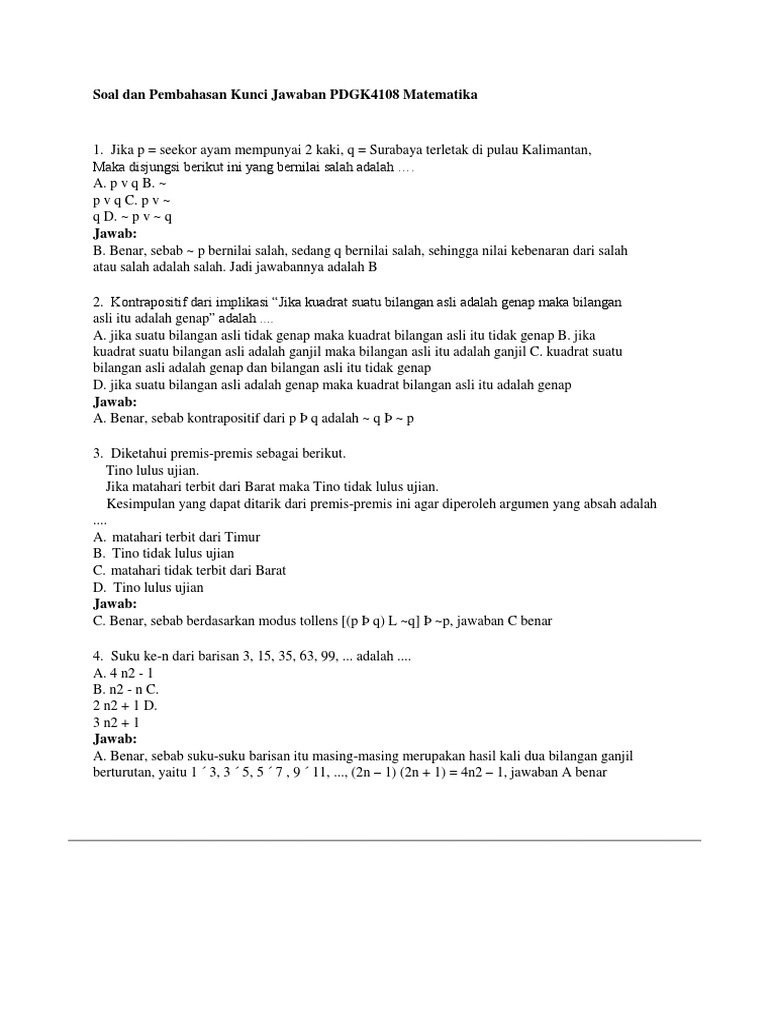 Soal Dan Pembahasan Kunci Jawaban Pdgk4108 Matematika