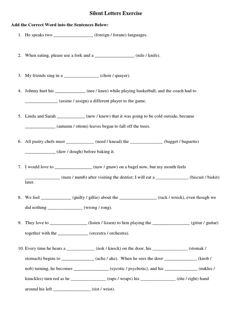 English Silent Letters Excercise Grammar Drills Oneonone Activities ...