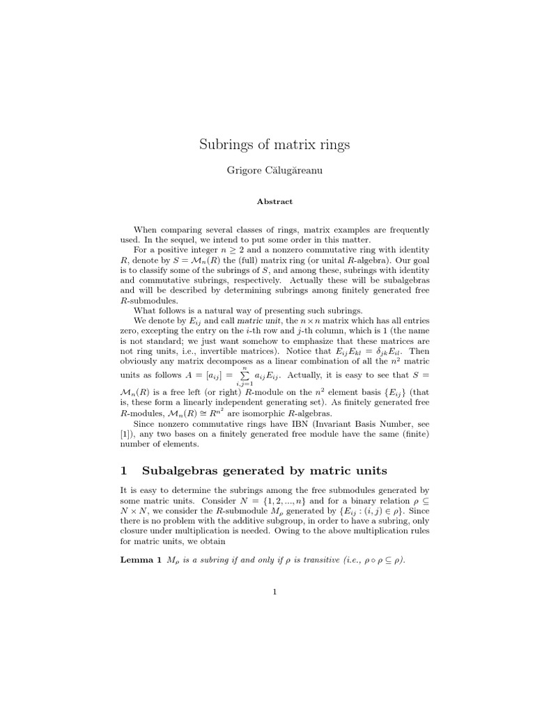 Subrings of Matrix Rings 1 Subalgebras Generated by Matric Units PDF