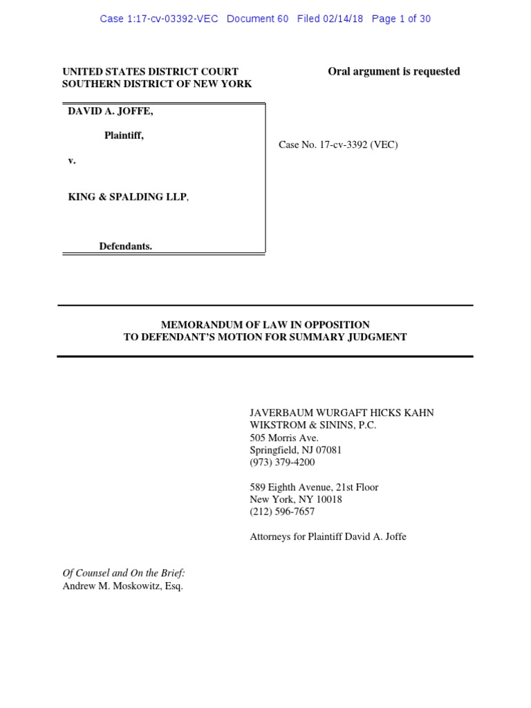 Joffe Opposition To K&S Motion For Summary Judgment | PDF | Summary ...