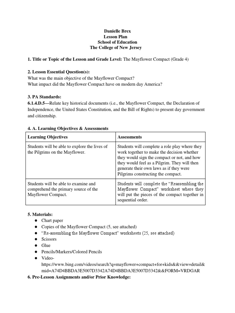 Mayflower Compact Plymouth Colony Lesson Plan