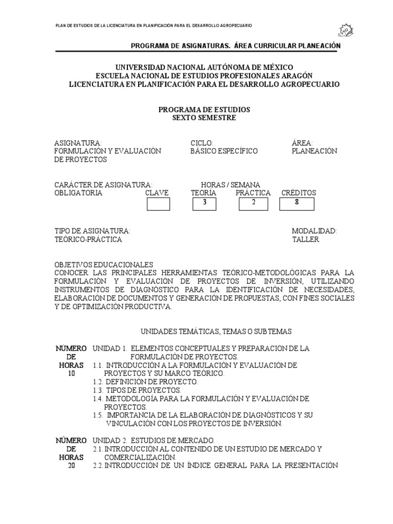 Formulacion y Evaluacion de Proyectos | PDF | Planificación | Plan de ...