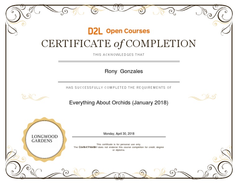 Longwood Gardens Certificate of Course Completion PDF