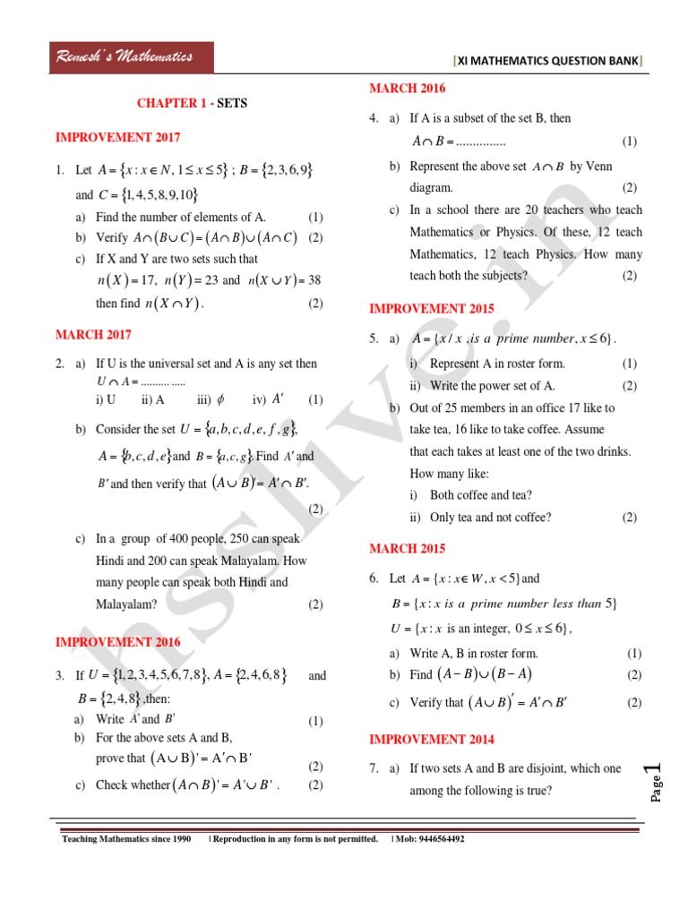 Hsslive Xi Maths Ch 1 Sets Mathematical Concepts Teaching Mathematics