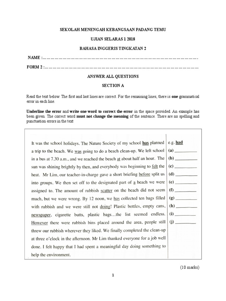 Form 2 English Test 1 Exam Paper 2018 | Adolescence | Cognition