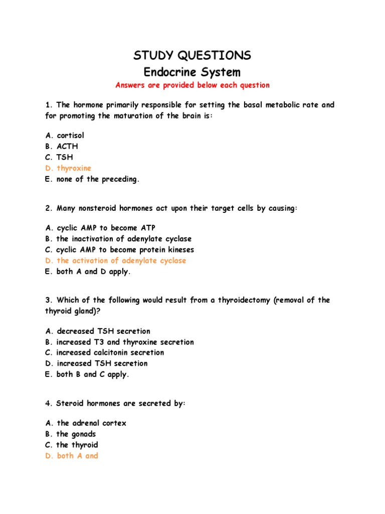 Study Questions Endocrine System Answers Are Provided Below Each
