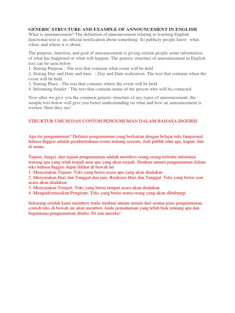 Contoh Announcement Bahasa Inggris