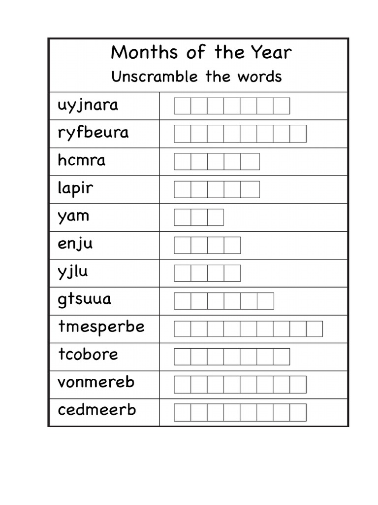 Months of the year unscramble the words pdf