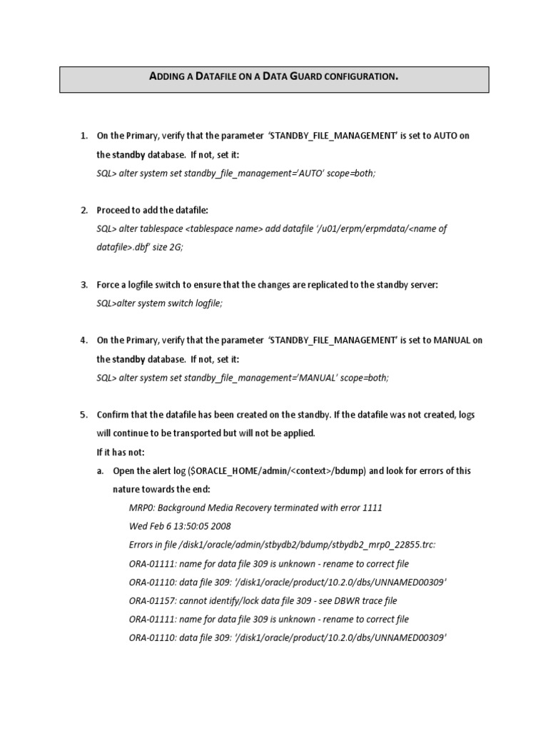 Adding A Datafile On A Data Guard Configuration | PDF | Teaching ...