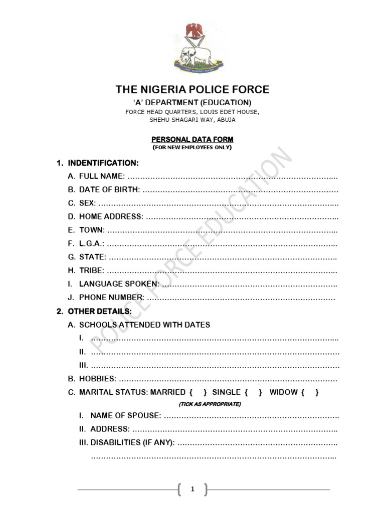 Nigeria Police Personal Data Form | PDF | Government Information ...
