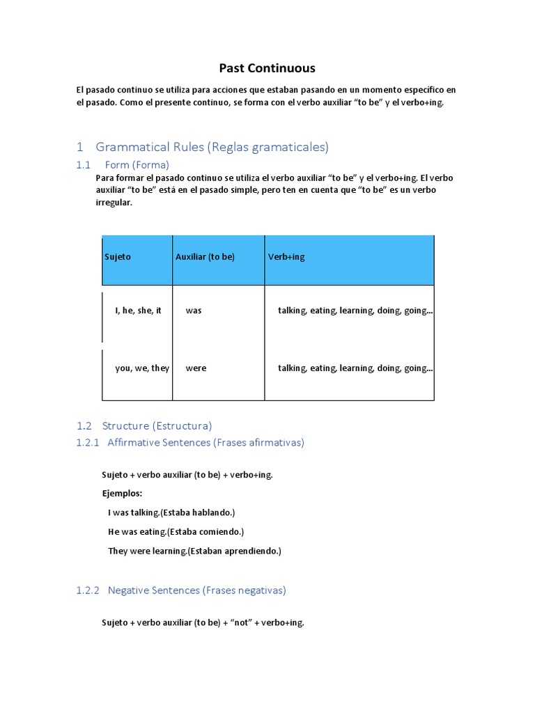 1 Grammatical Rules (Reglas Gramaticales) : Past Continuous | PDF