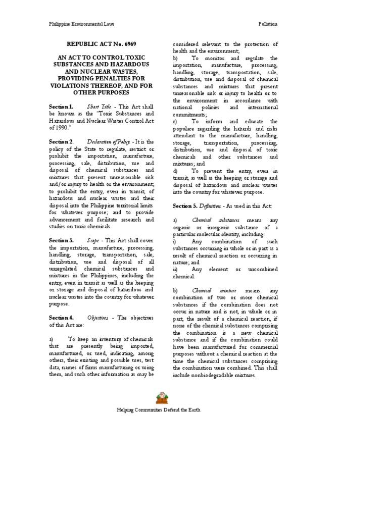 RA 6969 Toxic and Hazardous Waste Act PDF PDF Chemical Substances