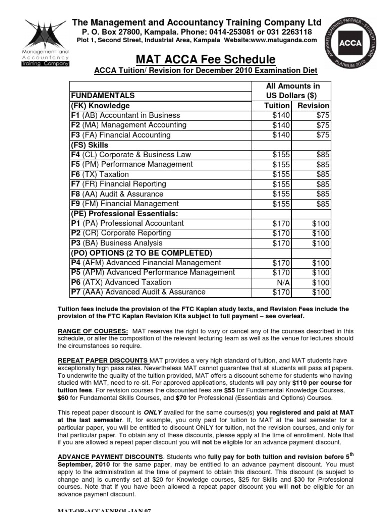 MAT ACCA Courses Fee Schedule V1 December 2010 PDF Tuition Payments