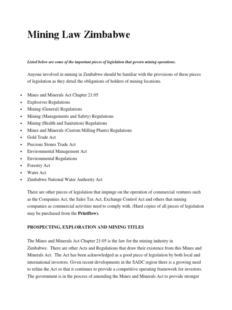Zimbabwe Mining Legislation: An Overview of Key Acts and Regulations