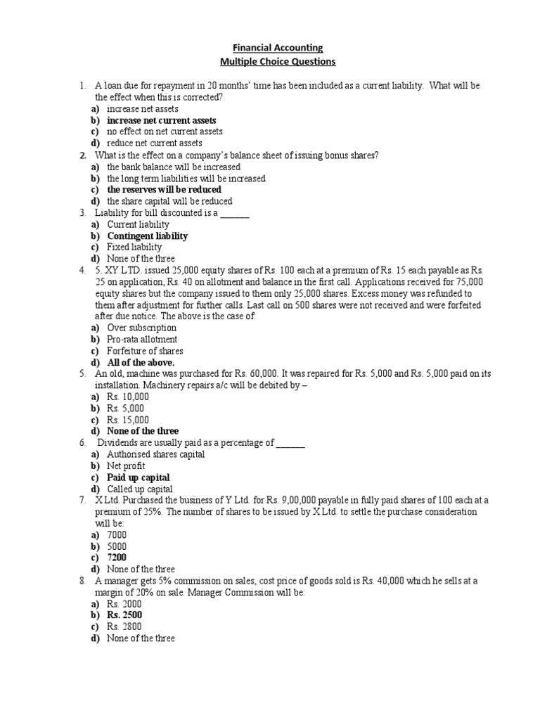 Financial Accounting Multiple Choice Questions