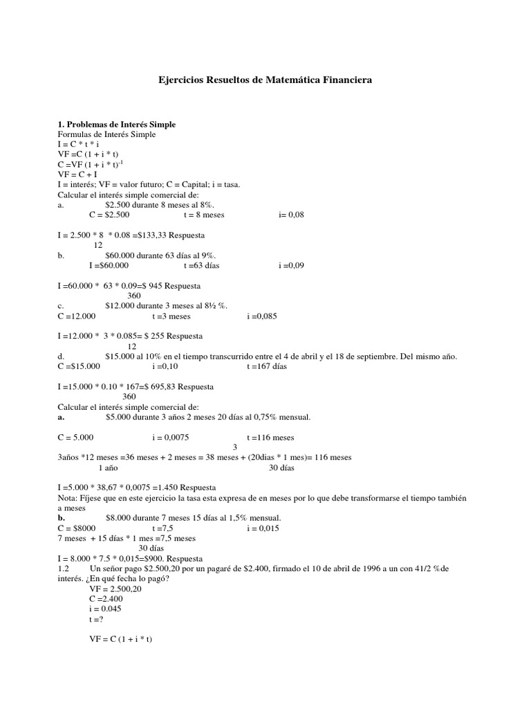 Ejercicios Resueltos de Matemática Financiera | PDF | Servicios ...