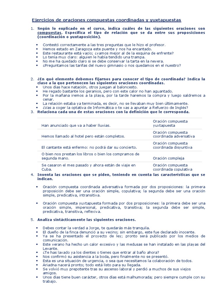 Ejercicios de Oraciones Compuestas Coordinadas y Yuxtapuestas | PDF ...