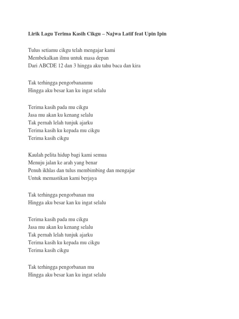 Lirik Lagu Terima Kasih Cikgu Pdf