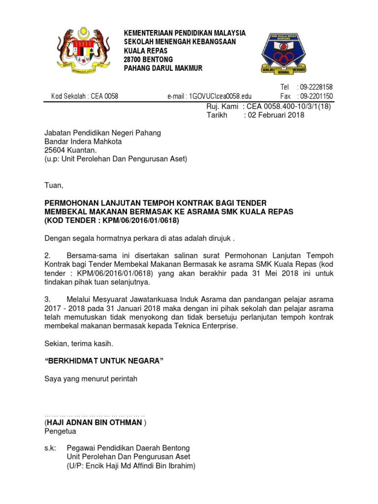 Contoh Surat Minta Extend Hantar Tender