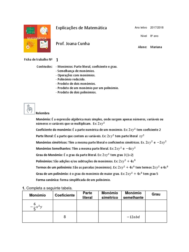 Operações com Monômios e Polinômios 8º Ano | PDF | Multiplicação ...