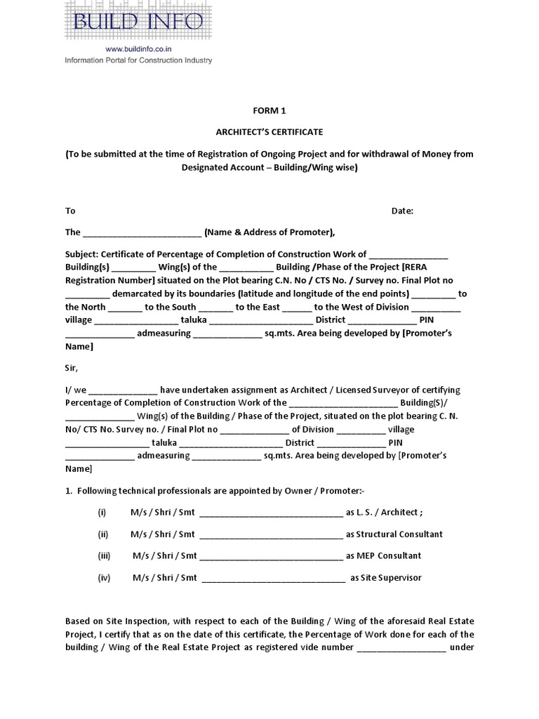 MAHA RERA FORM 1 Architect Certificate Apartment Elevator Free 30