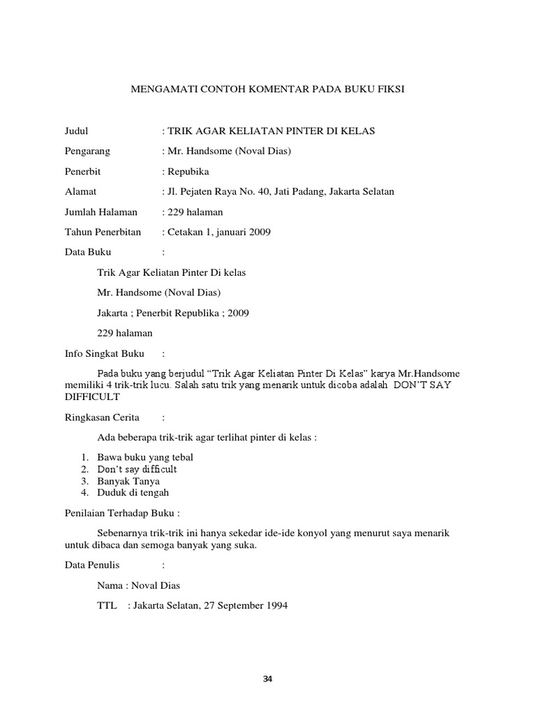 Mengamati Contoh Komentar Pada Buku Fiksi